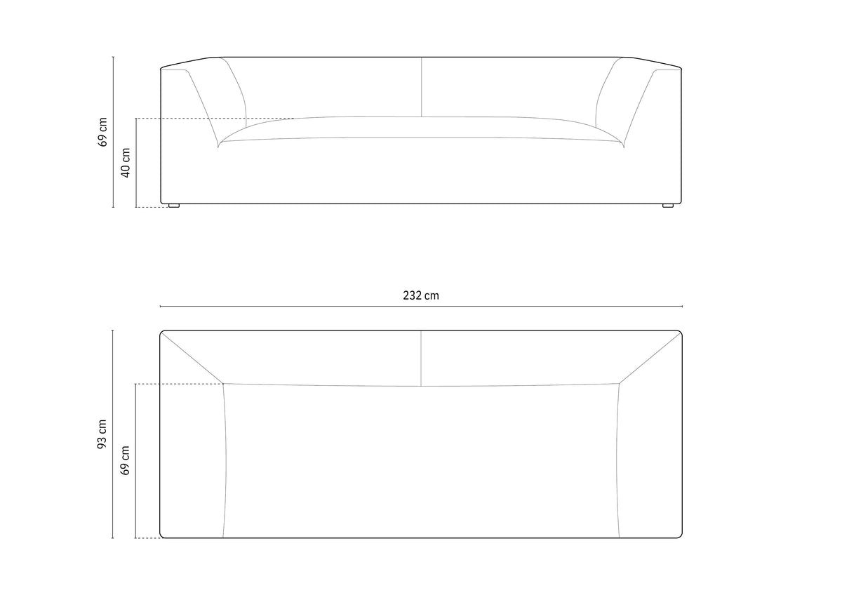 Ruby sofa (232 cm) – tehnički crtež s dimenzijama